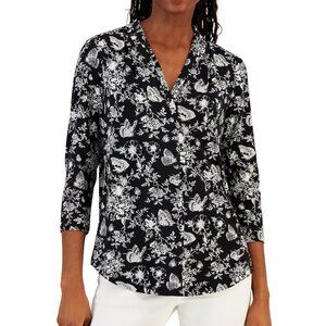 Charter Club Blouse Women's Petite Large Toile Print Black White Butterfly V-Nec